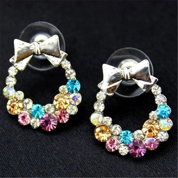 Multi Color Crystal Rhinestone Bowknot Earrings - Picture 3 of 4